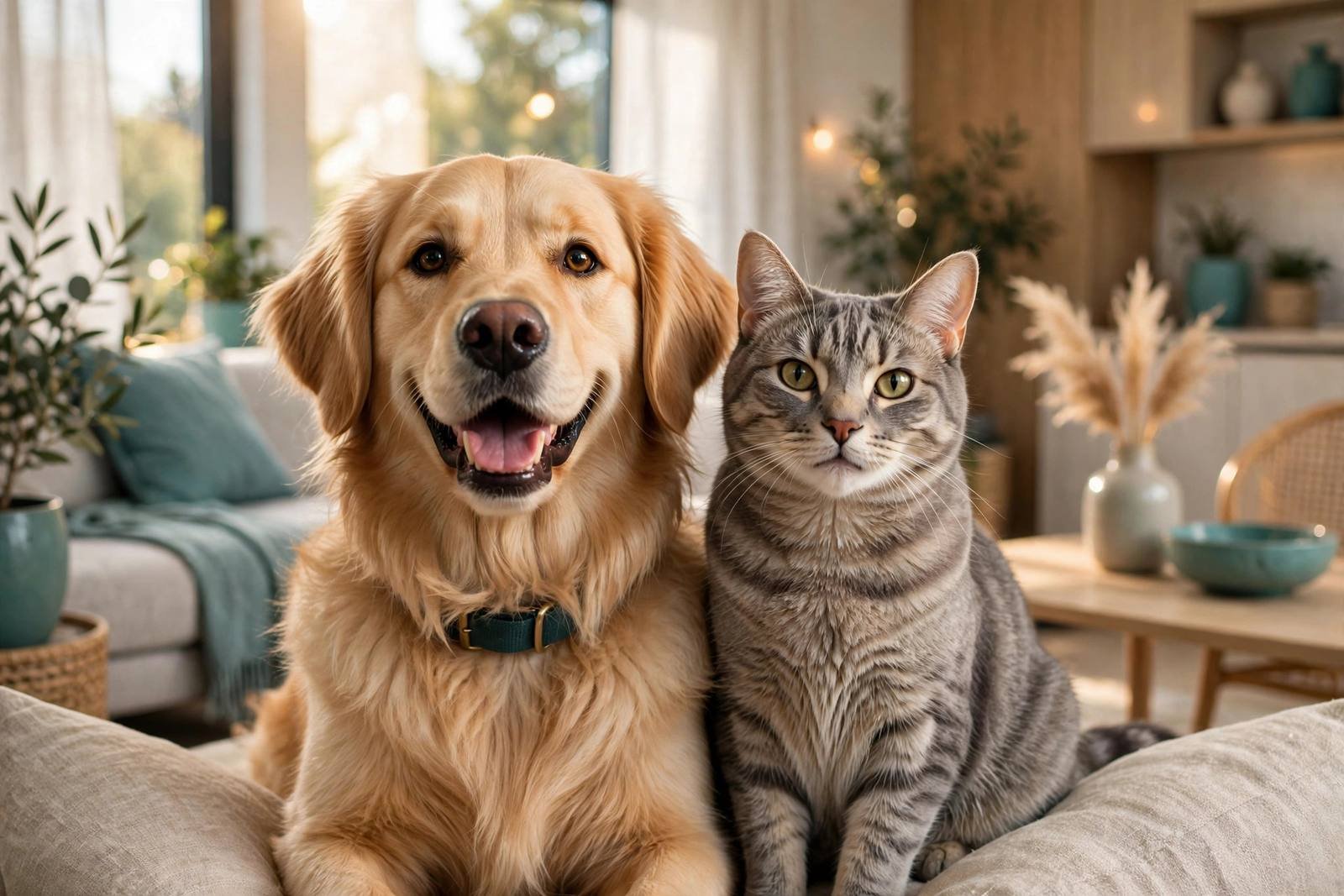 Happy dog and cat sitting together