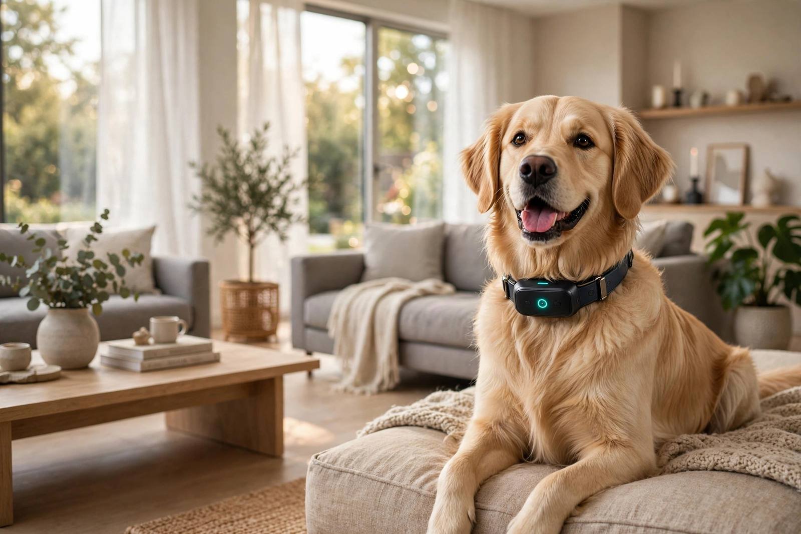 Happy golden retriever wearing a PawLogic GPS smart collar